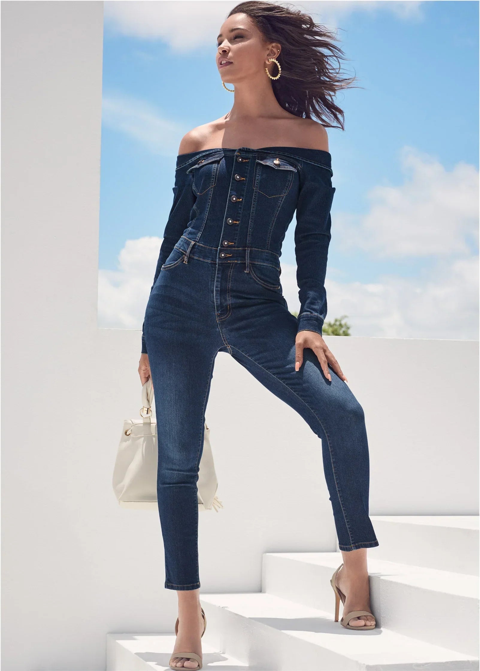 Off The Shoulder Denim Jumpsuit Dark Wash