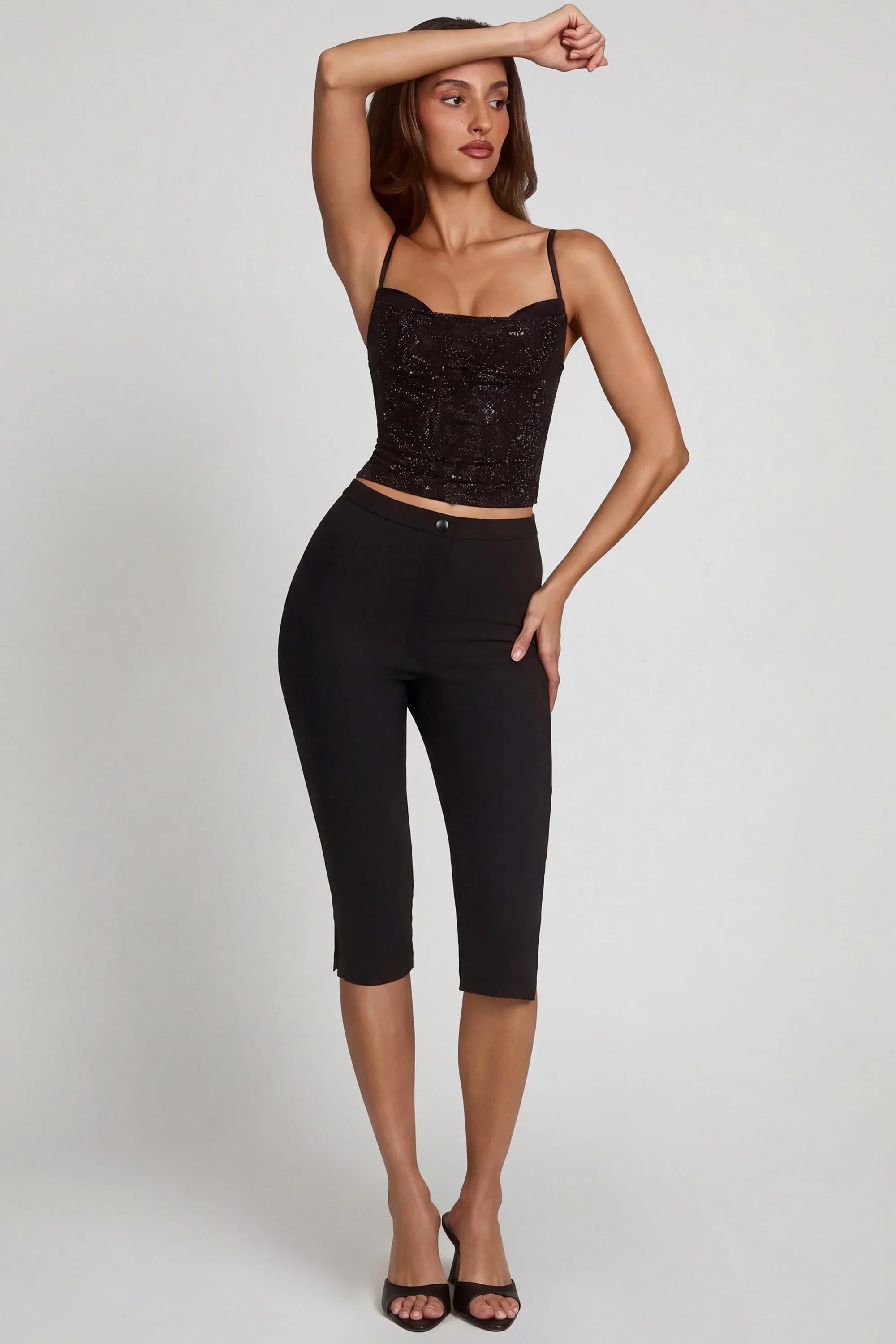 Embellished Peekaboo Cowl Neck Top in Black