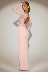 Lace Scalloped Plunge Neck Maxi Dress in Pink