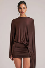 Draped Cape Mini Dress in Chocolate Brown
