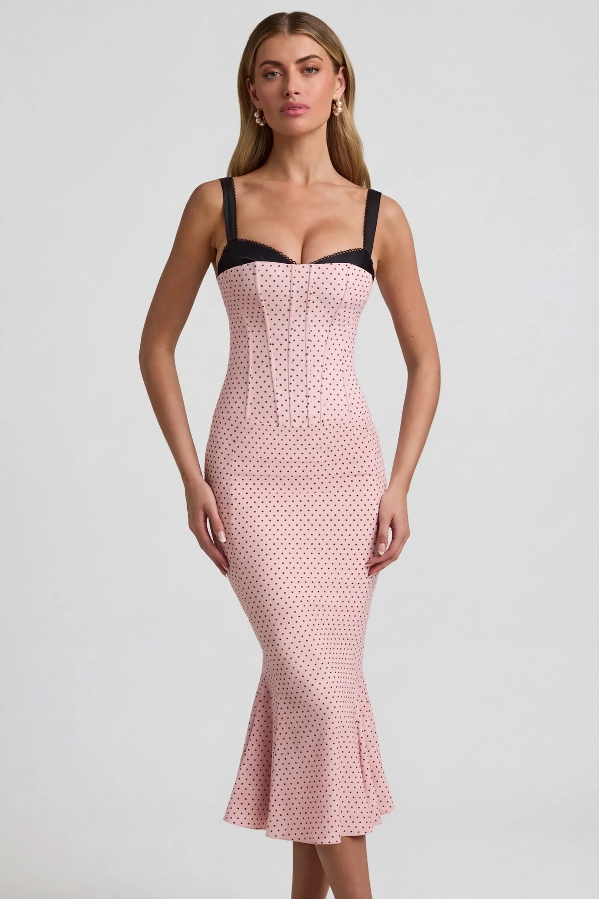 Layered Bra Detail Fishtail Midaxi Dress in Pink Polka Dot