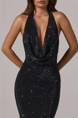 Embellished Cowl Neck Backless Gown in Black