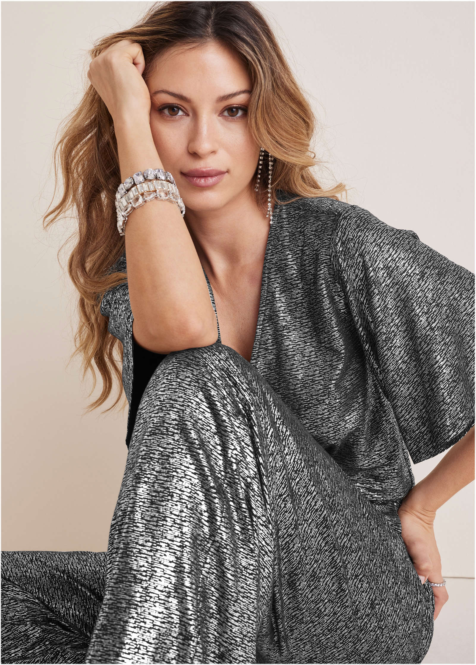 Metallic Flutter Sleeve Jumpsuit Silver