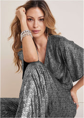 Metallic Flutter Sleeve Jumpsuit Silver