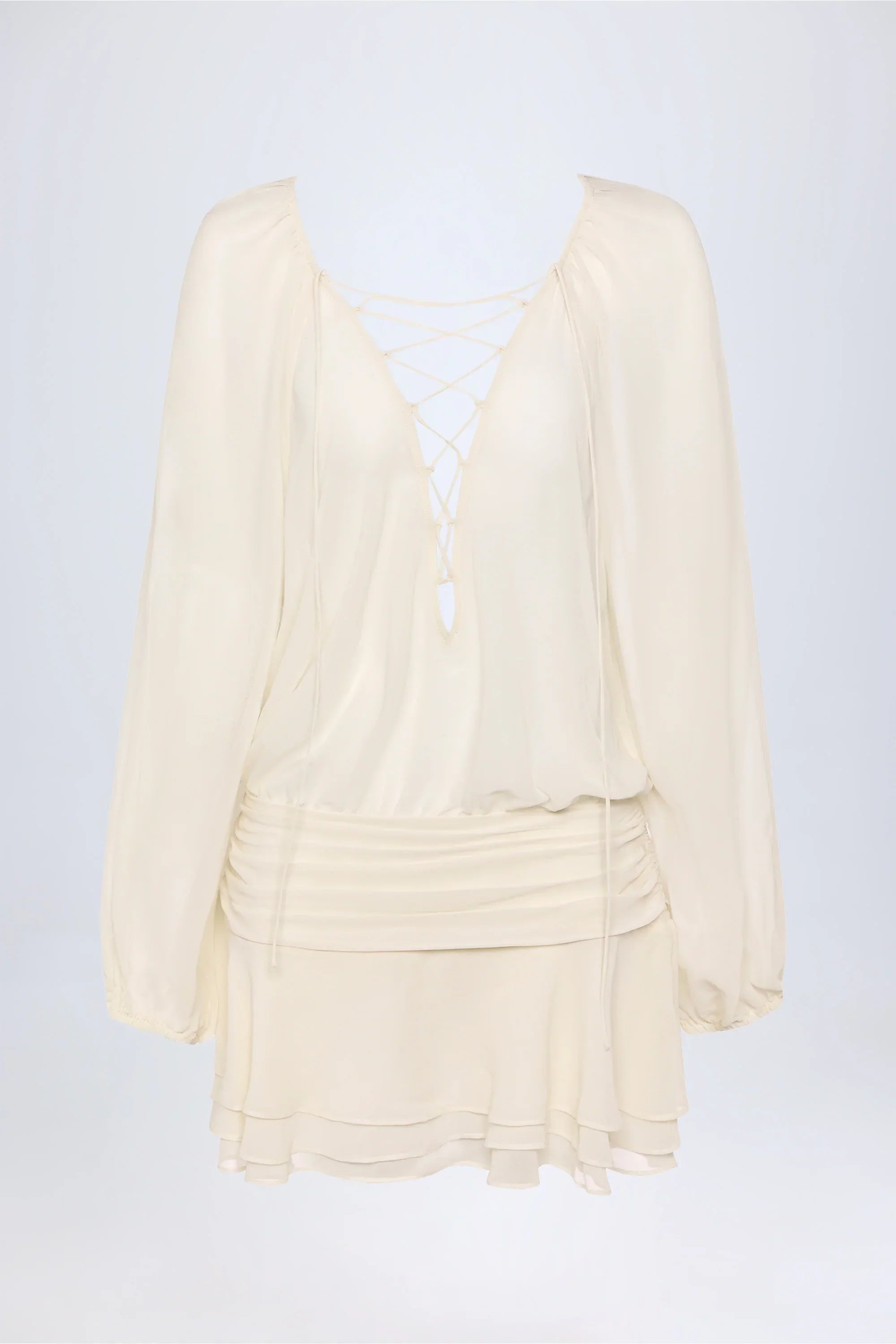 Lace Up Balloon Sleeve Mini Dress in Ivory