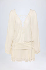 Lace Up Balloon Sleeve Mini Dress in Ivory