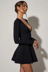 Bow Detail Plunge Neck A Line Mini Dress in Black