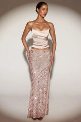 Embellished Mid Rise Thigh Split Maxi Skirt in Rose Gold