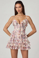 Ruffled Lace Up A Line Mini Dress in Primrose Floral Print