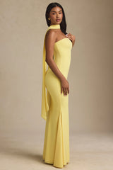 Scarf Detail Strapless Gown in Pastel Yellow