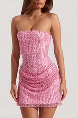 Embellished Draped Strapless A Line Mini Dress in Pink
