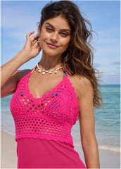 Crochet Top Cover Up Dress Raspberry
