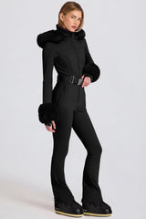 Waterproof Faux Fur Hood Fitted Ski Suit in Black