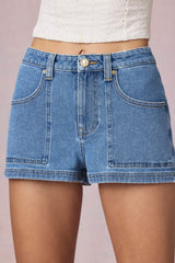 High Waist A Line Shorts in Mid Blue Wash