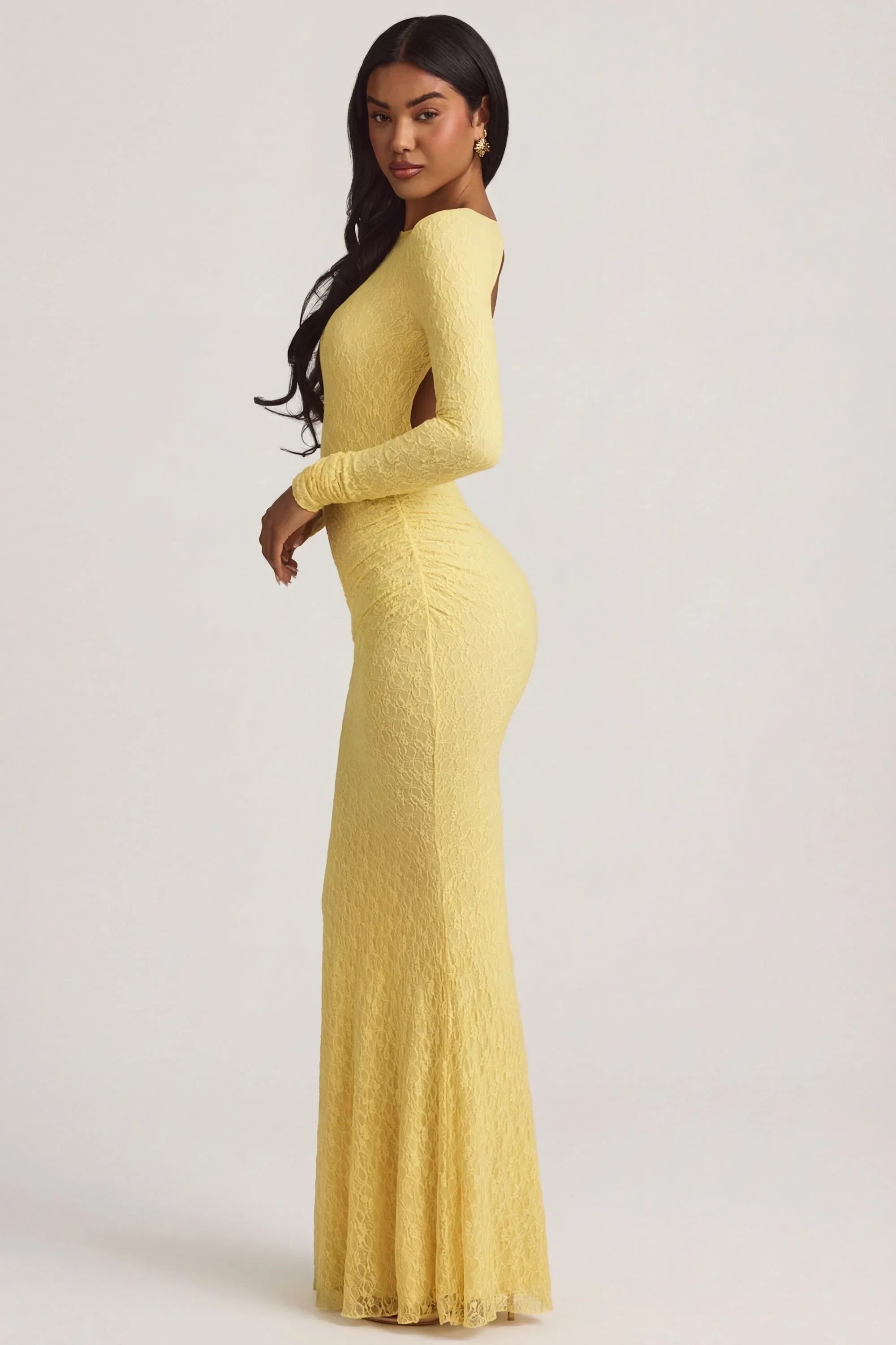 Ruched Backless Lace Maxi Dress in Pastel Yellow