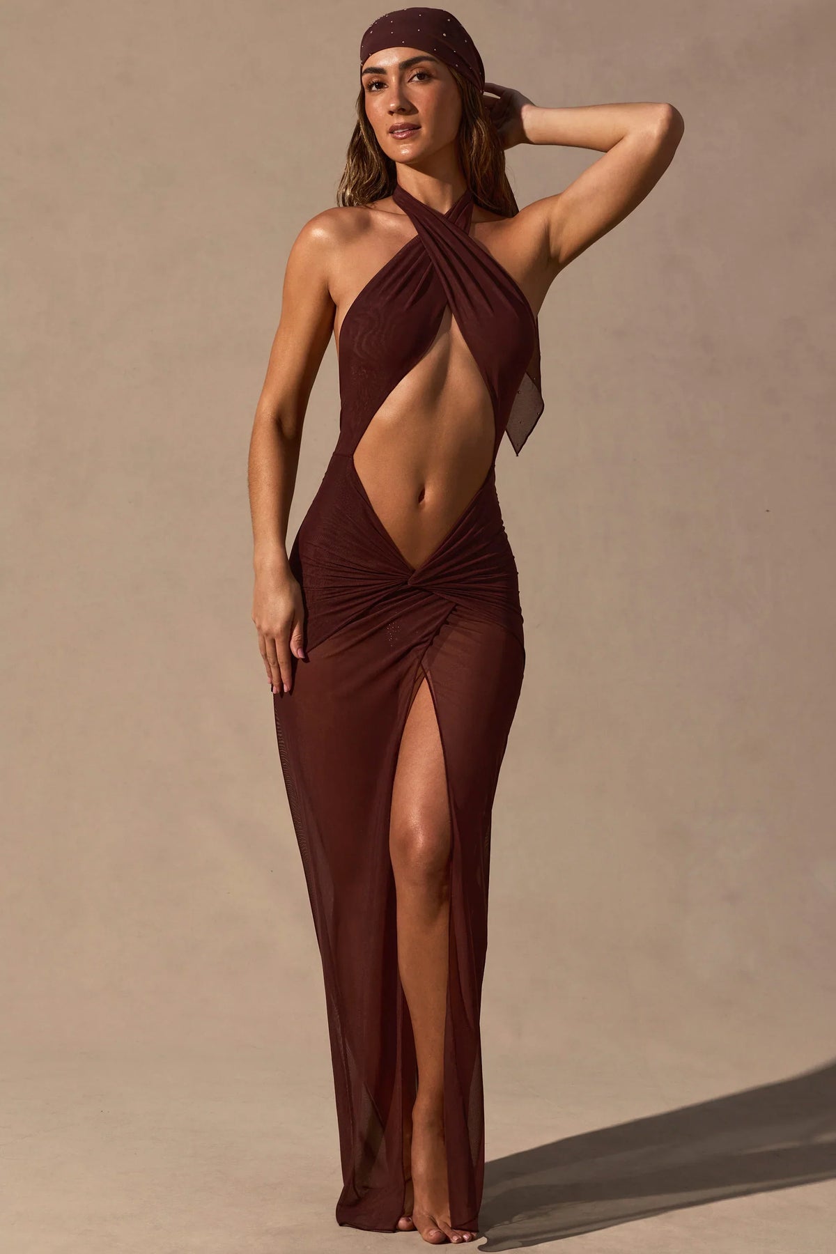 Cut Out Halterneck Maxi Dress in Espresso Brown