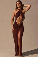 Cut Out Halterneck Maxi Dress in Espresso Brown