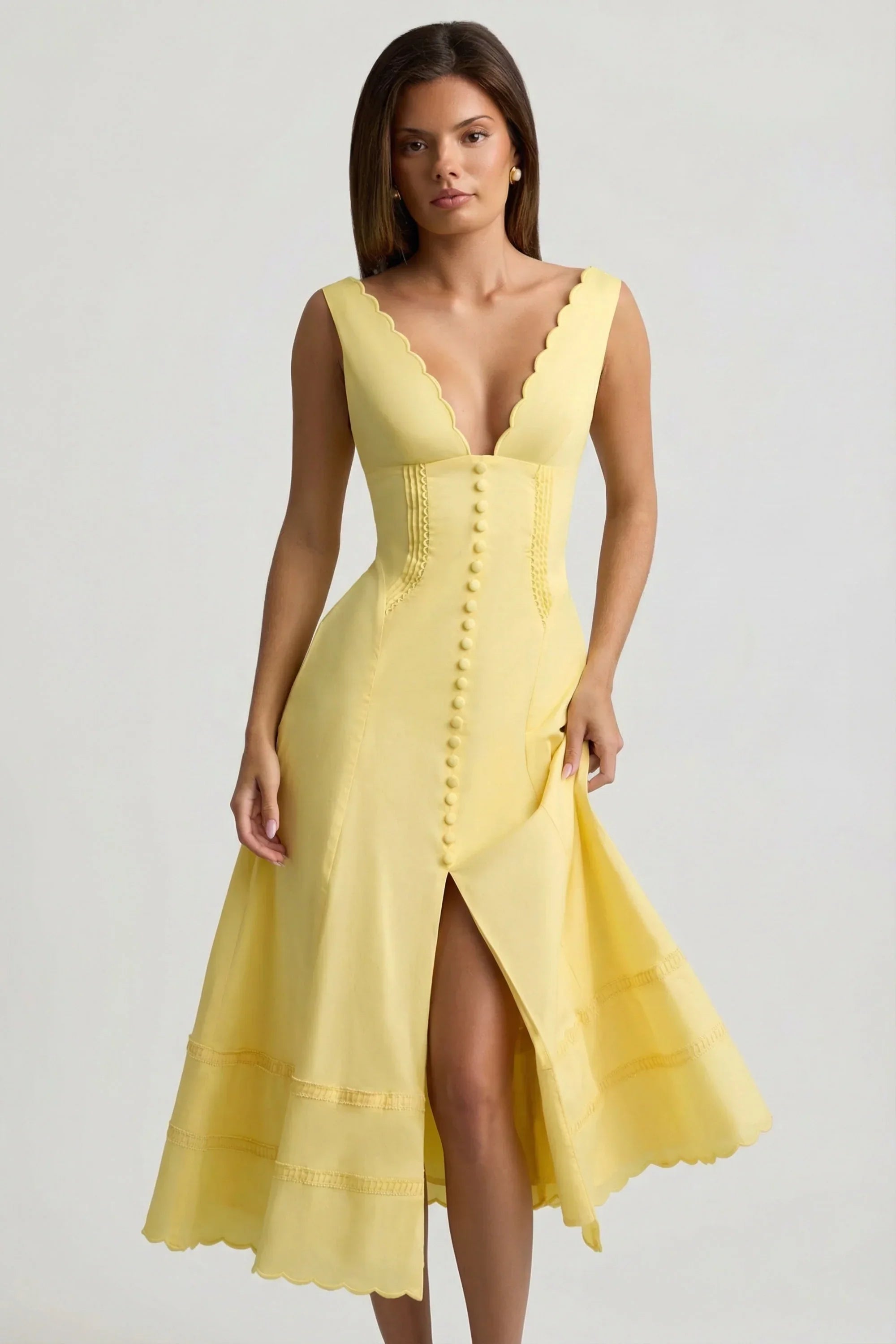 Cotton Poplin A Line Midaxi Dress in Pastel Yellow