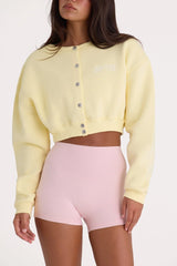 Brushed Jersey Button Up Cropped Cardigan in Lemon