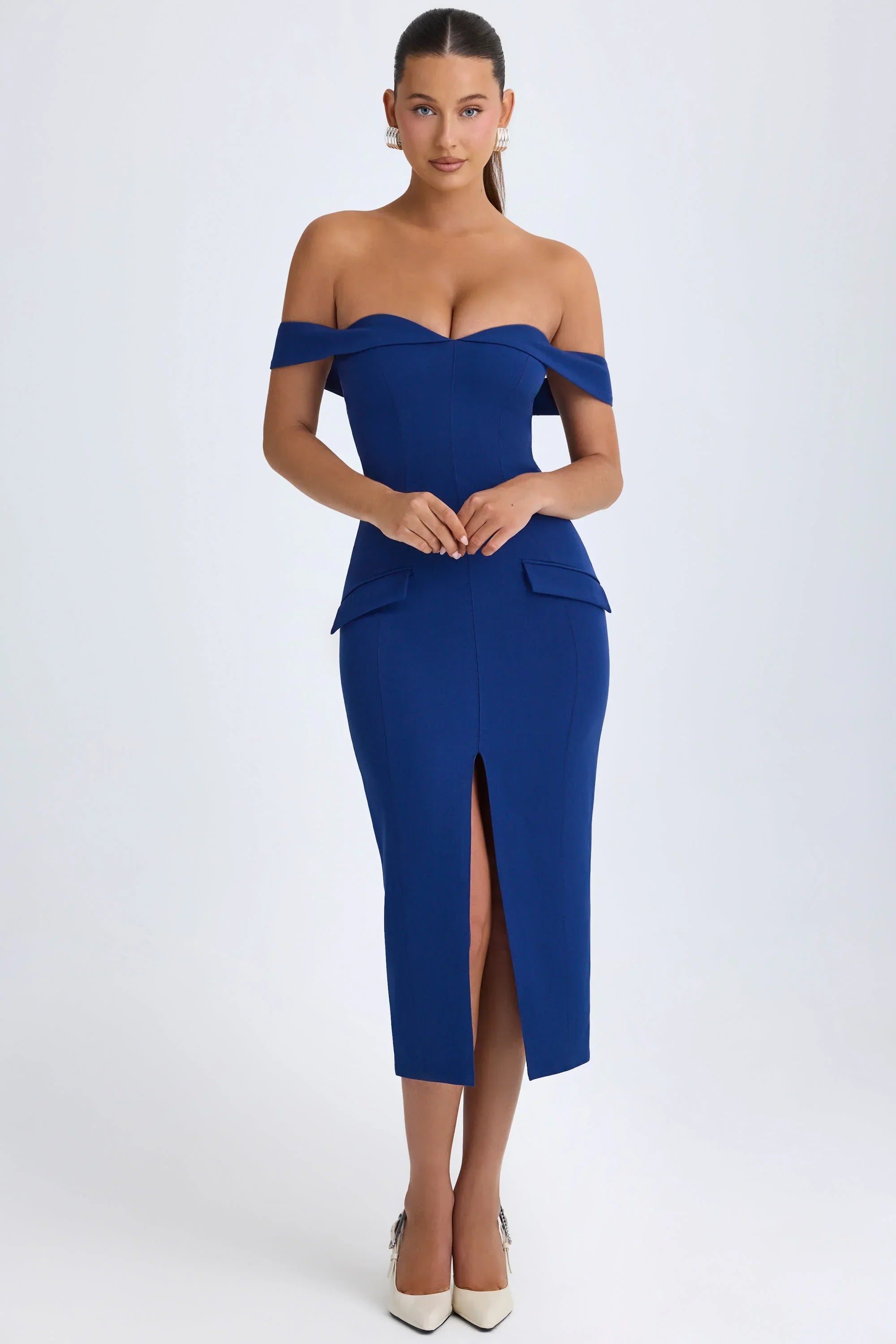 Off Shoulder Midaxi Dress in True Navy