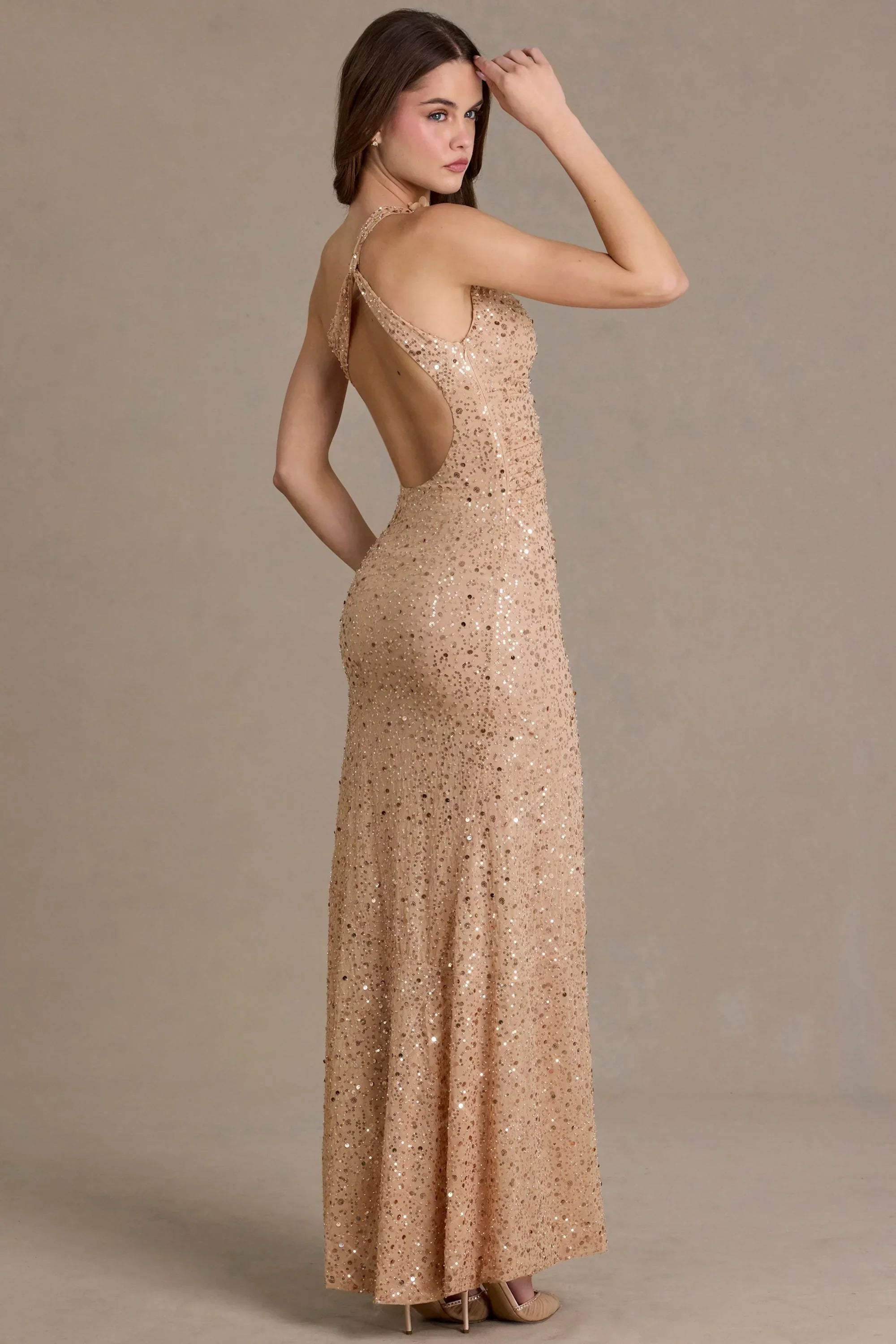 Embellished Asymmetric One Shoulder Maxi Dress in Beige Gold