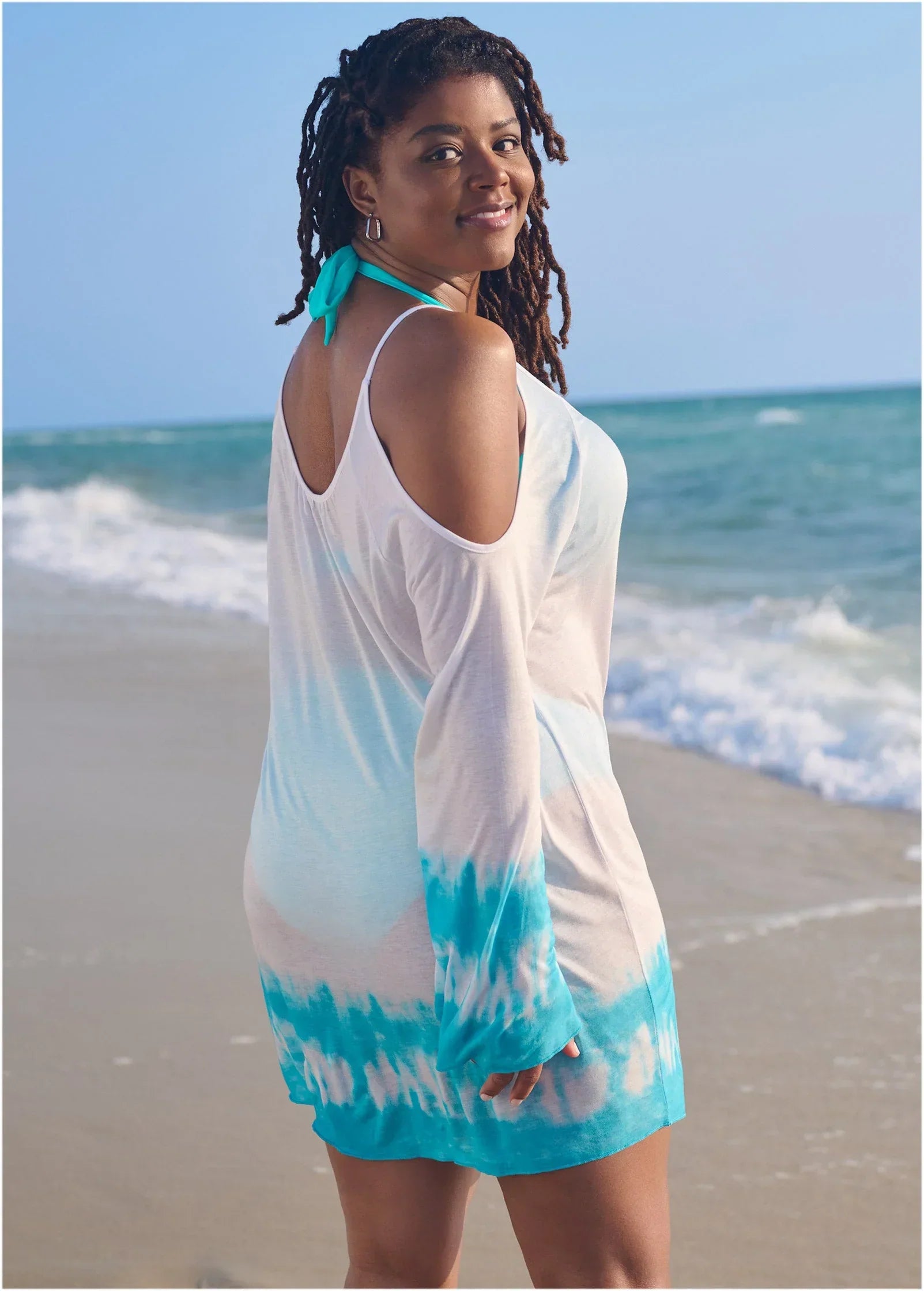 Cold Shoulder Cover Up Aqua White
