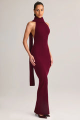 Rib Knit Scarf Detail Halterneck Maxi Dress in Wine