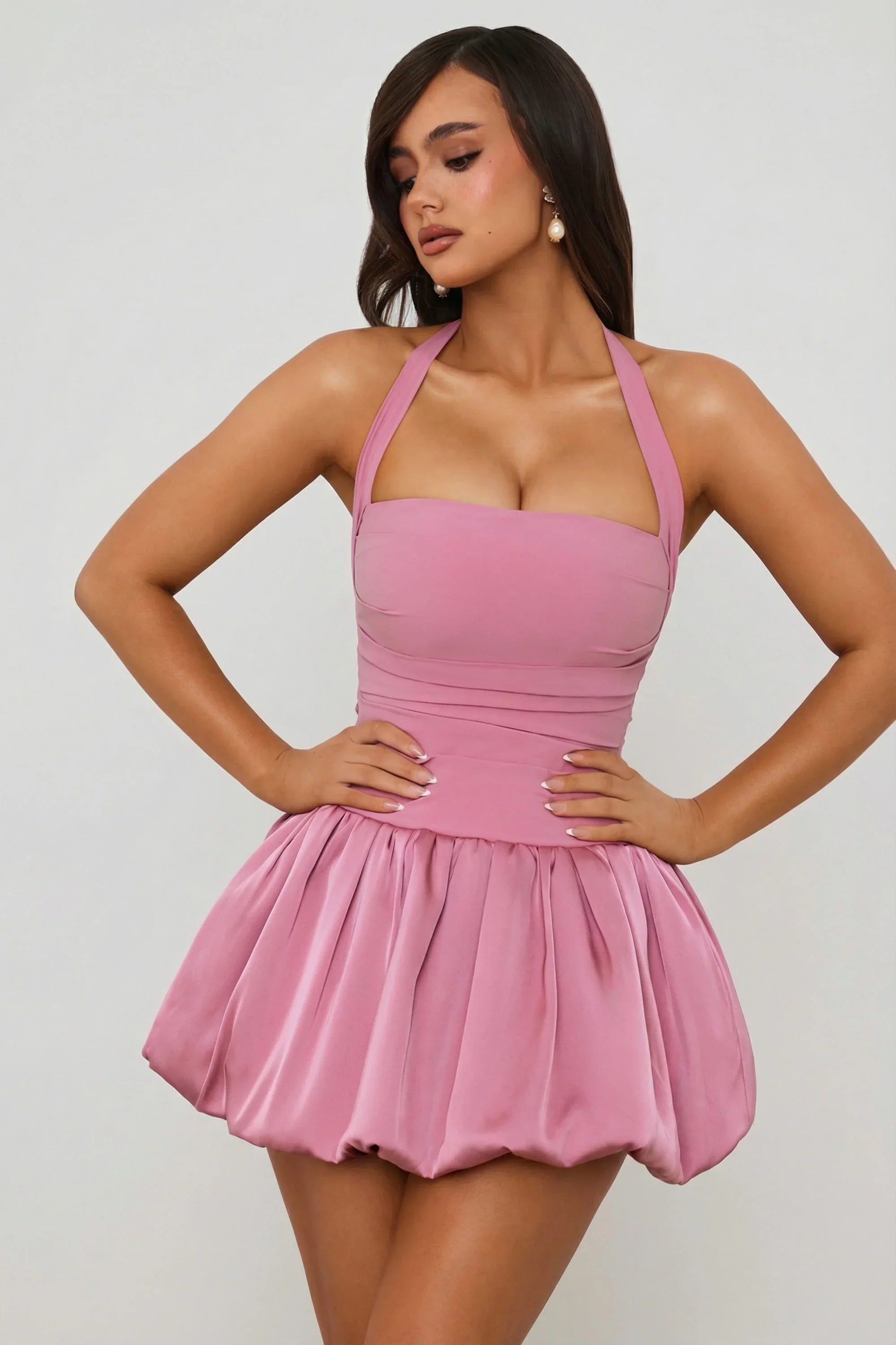 Halterneck Lace Up Bubble Hem Corset Micro Mini Dress in Mauve