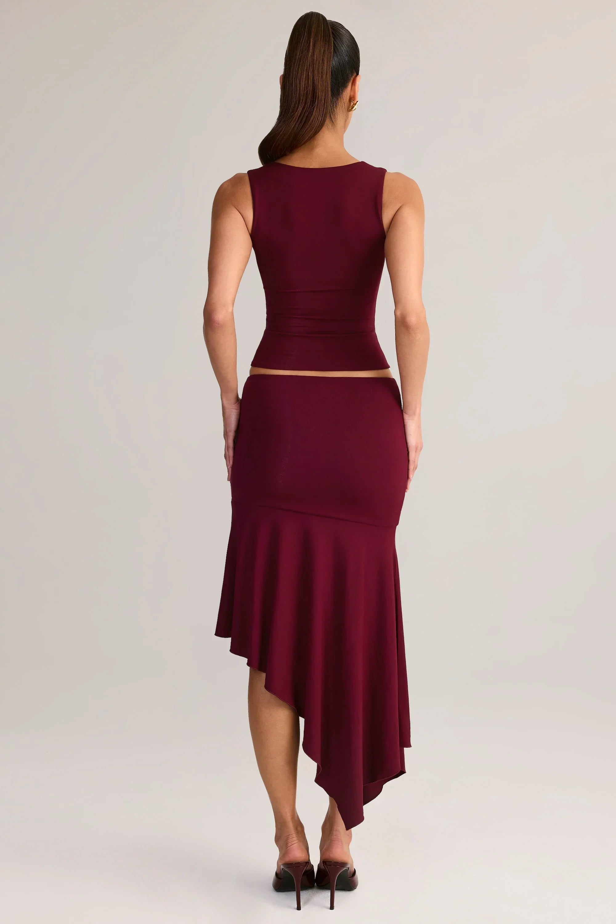 Modal Low Rise Asymmetric Midaxi Skirt in Wine