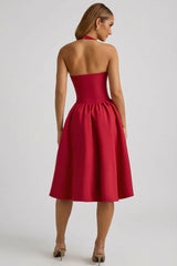 Halterneck Bow Detail Midi Dress in True Red