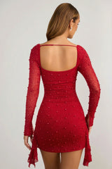 Embellished Cowl Neck Draped Mini Dress in True Red