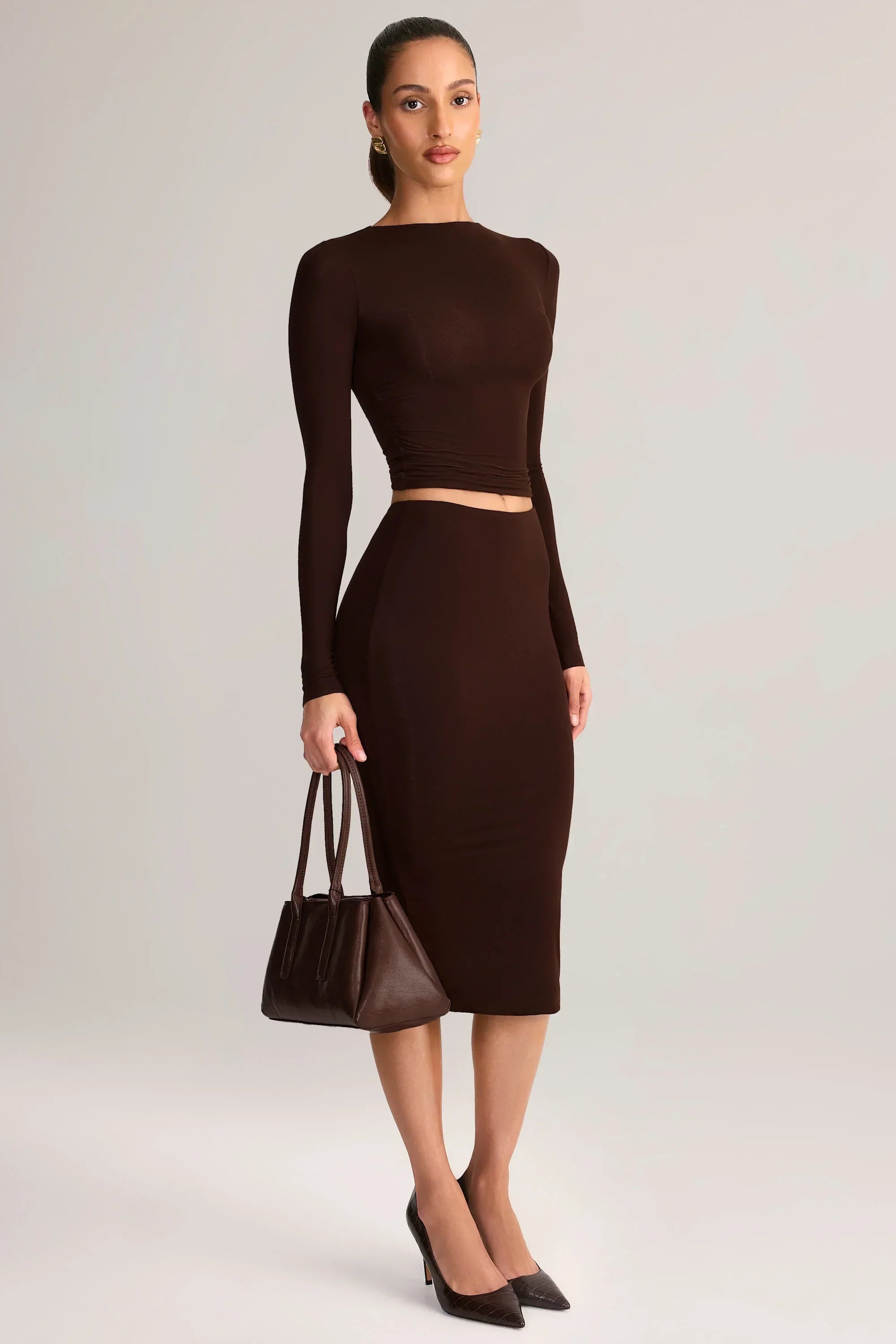Modal Mid Rise Pencil Midi Skirt in Chocolate Brown