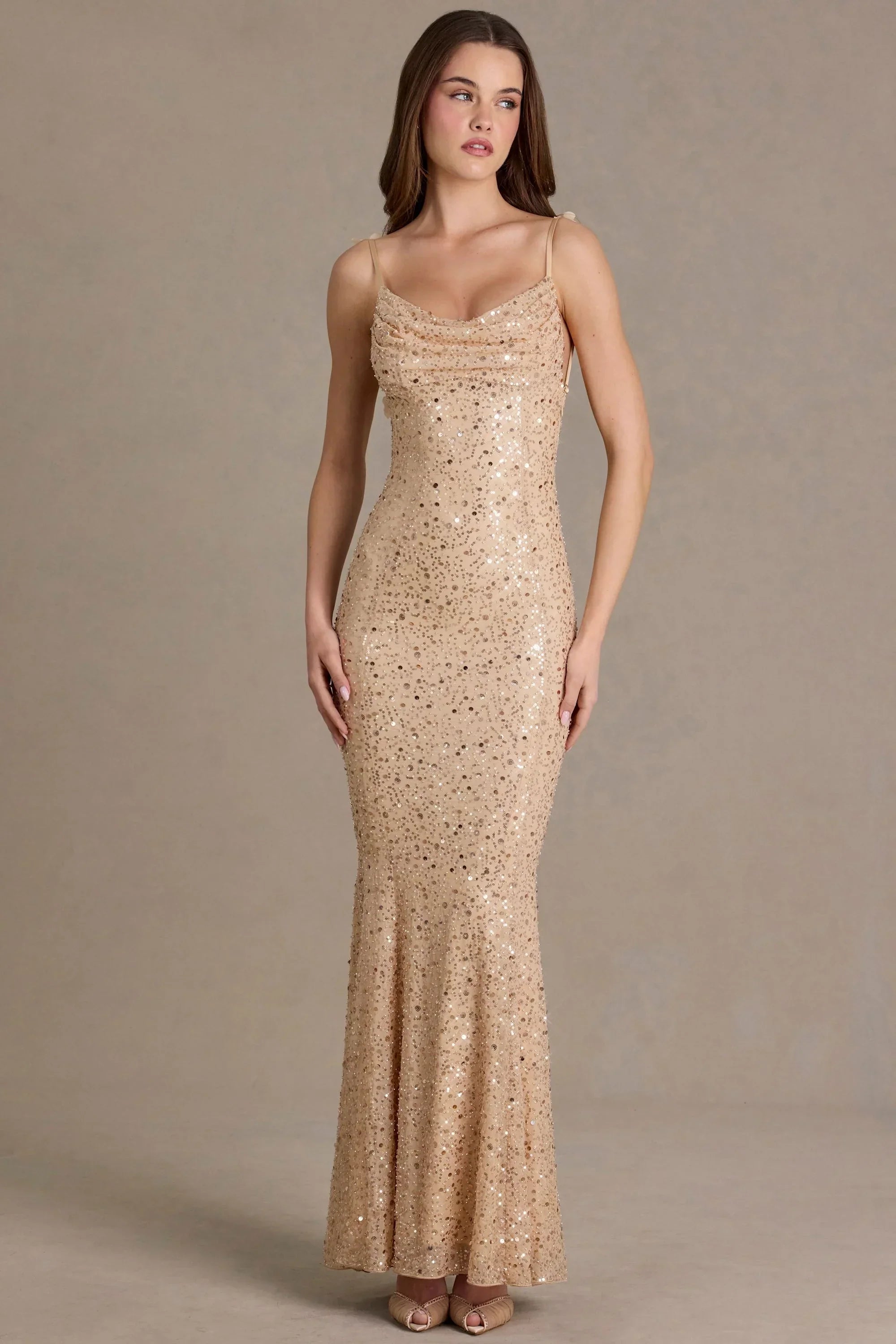 Embellished Open Back Maxi Dress in Gold