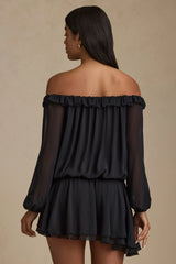 Off Shoulder Asymmetric Balloon Sleeve Mini Dress in Black