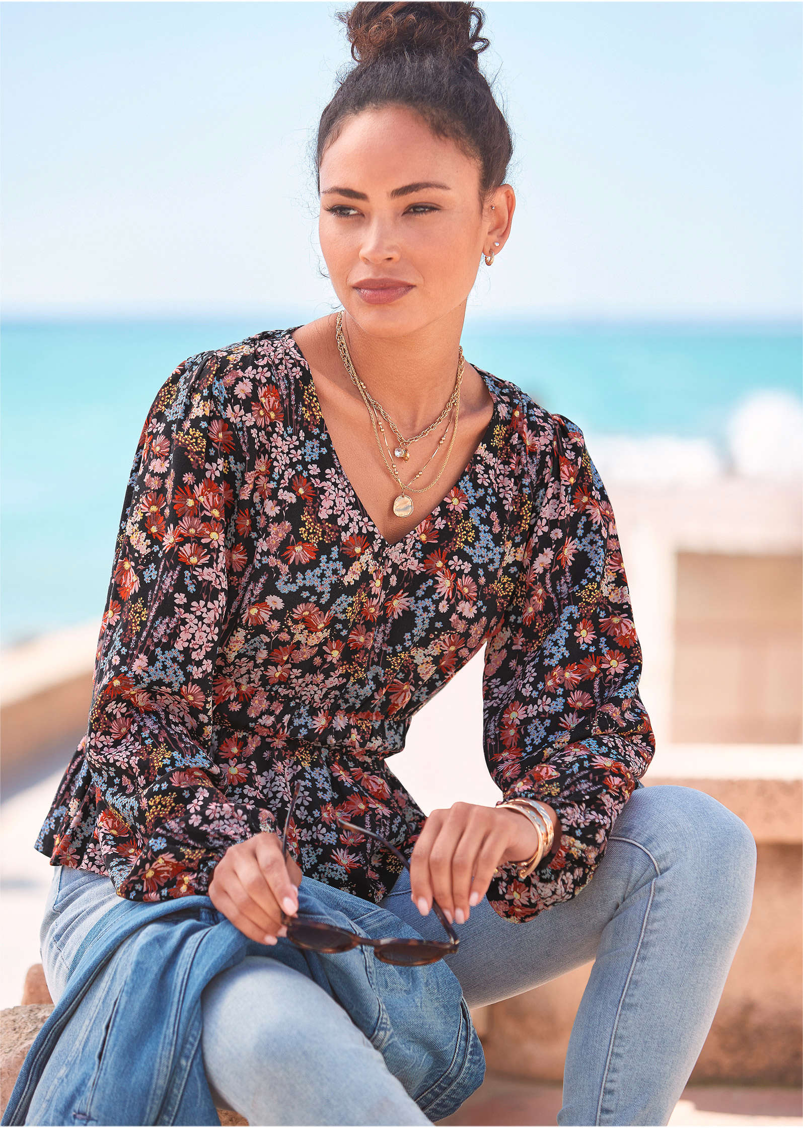 V Neck Peplum Blouse Purple Multi