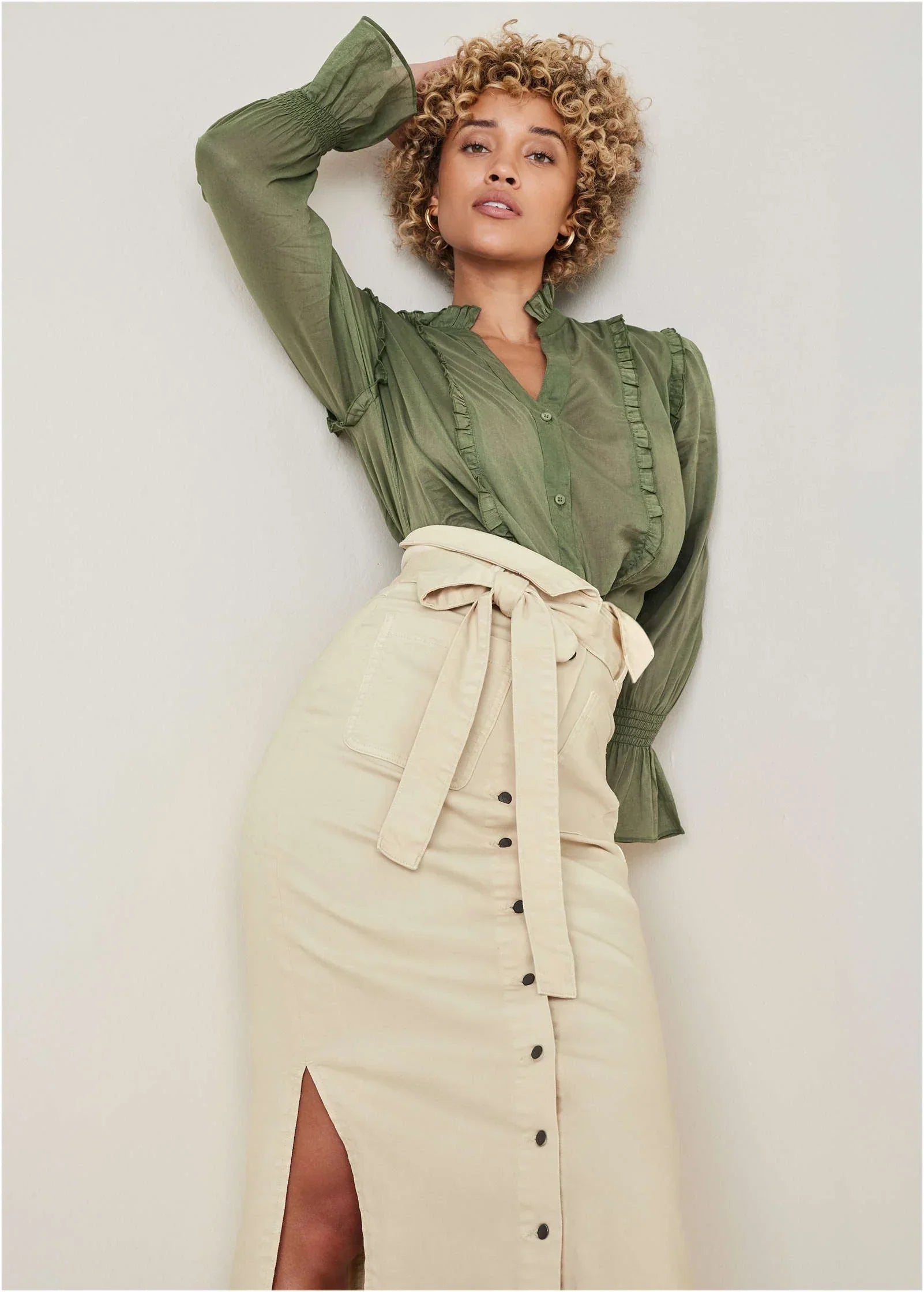 Color Denim Midi Skirt Cream