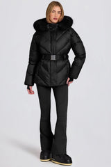 Waterproof Faux Fur Hood Ski Jacket in Black