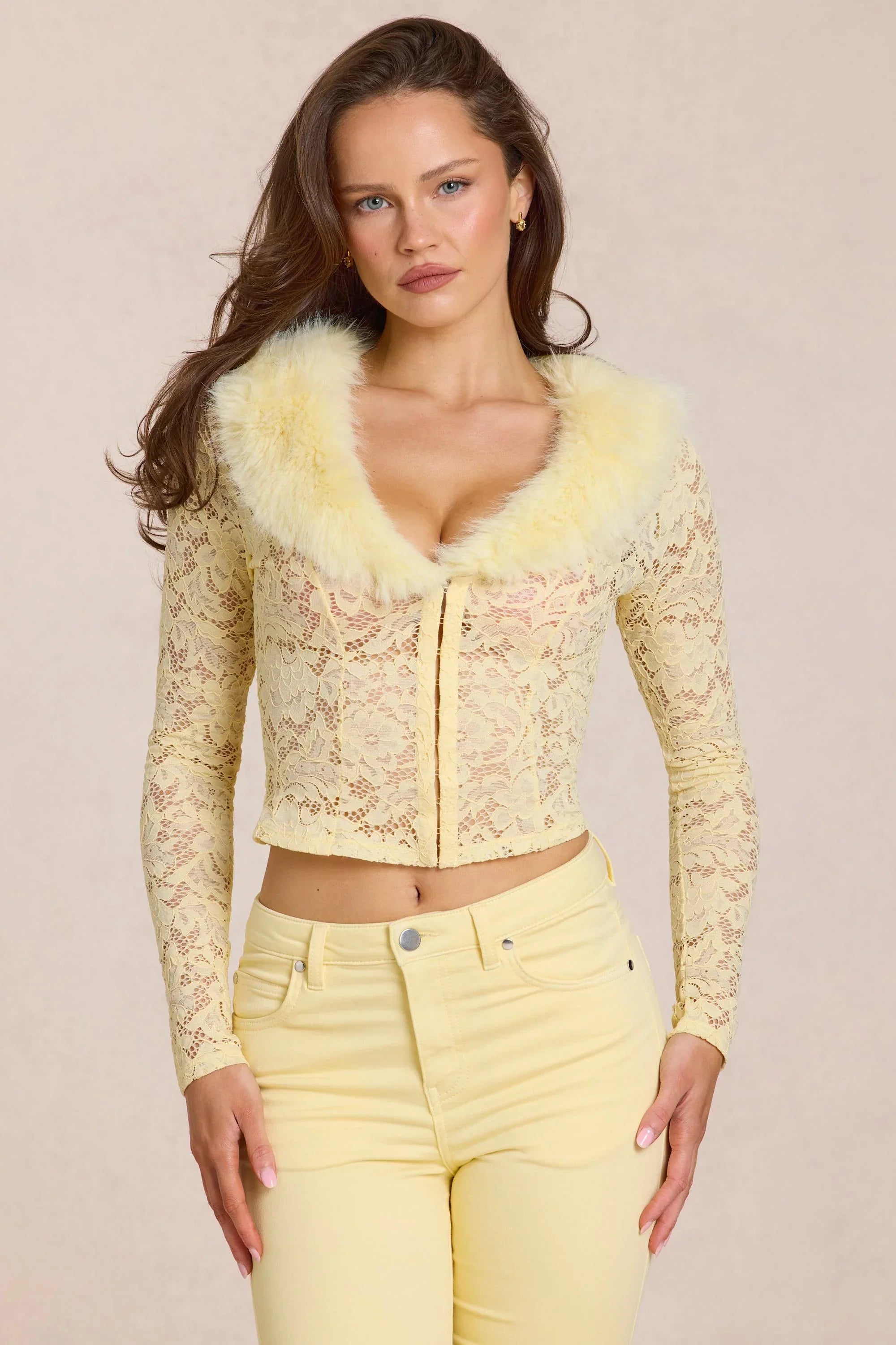 Lace Faux Fur Trim Cardigan in Lemon Yellow