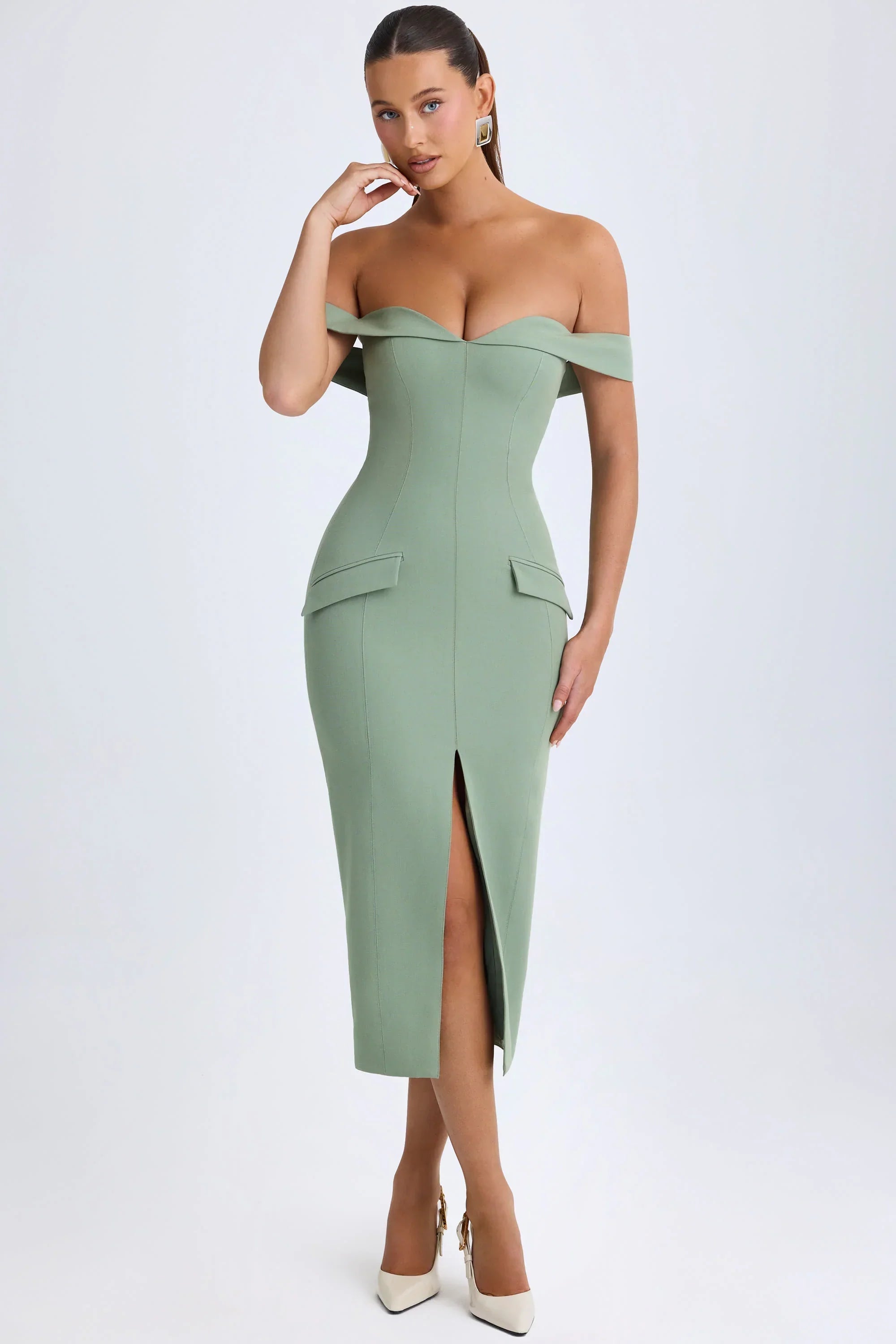 Off Shoulder Midaxi Dress in Khaki Green