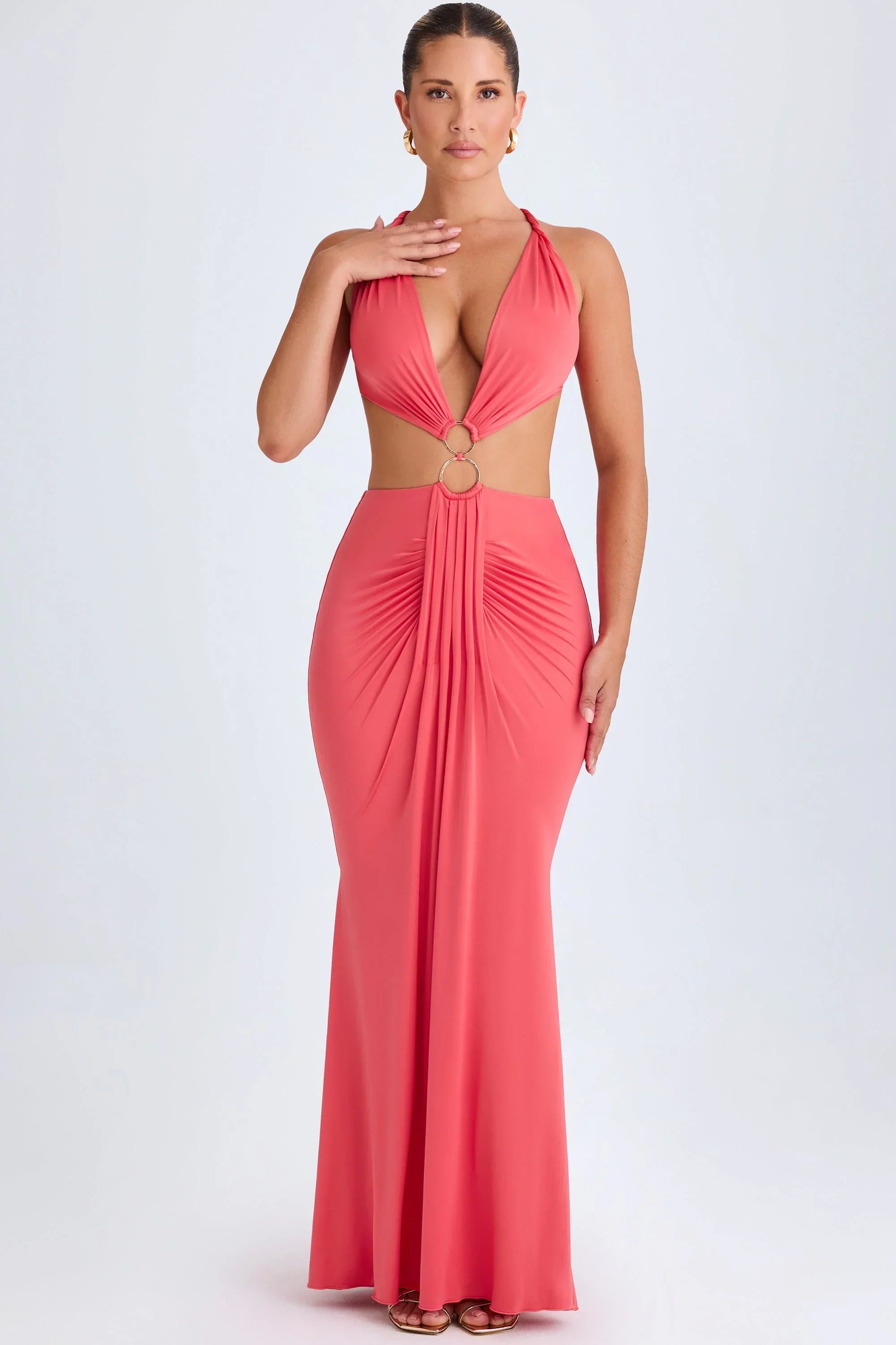 Hardware Detail Cut Out Halterneck Maxi Dress in Coral