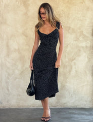 LOTTIE RUFFLE MIDI DRESS BLACK POLKA