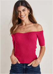 Off The Shoulder Sweater Dark Pink
