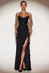 Embellished Cowl Neck Ruffled Gown Dress in Black
