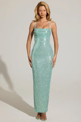 Embellished Cowl Neck Maxi Dress in Aqua Blue