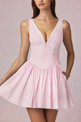 Bow Detail A Line Mini Dress in Soft Mauve Stripe