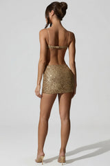 Embellished Cut Out Mini Dress in Gold