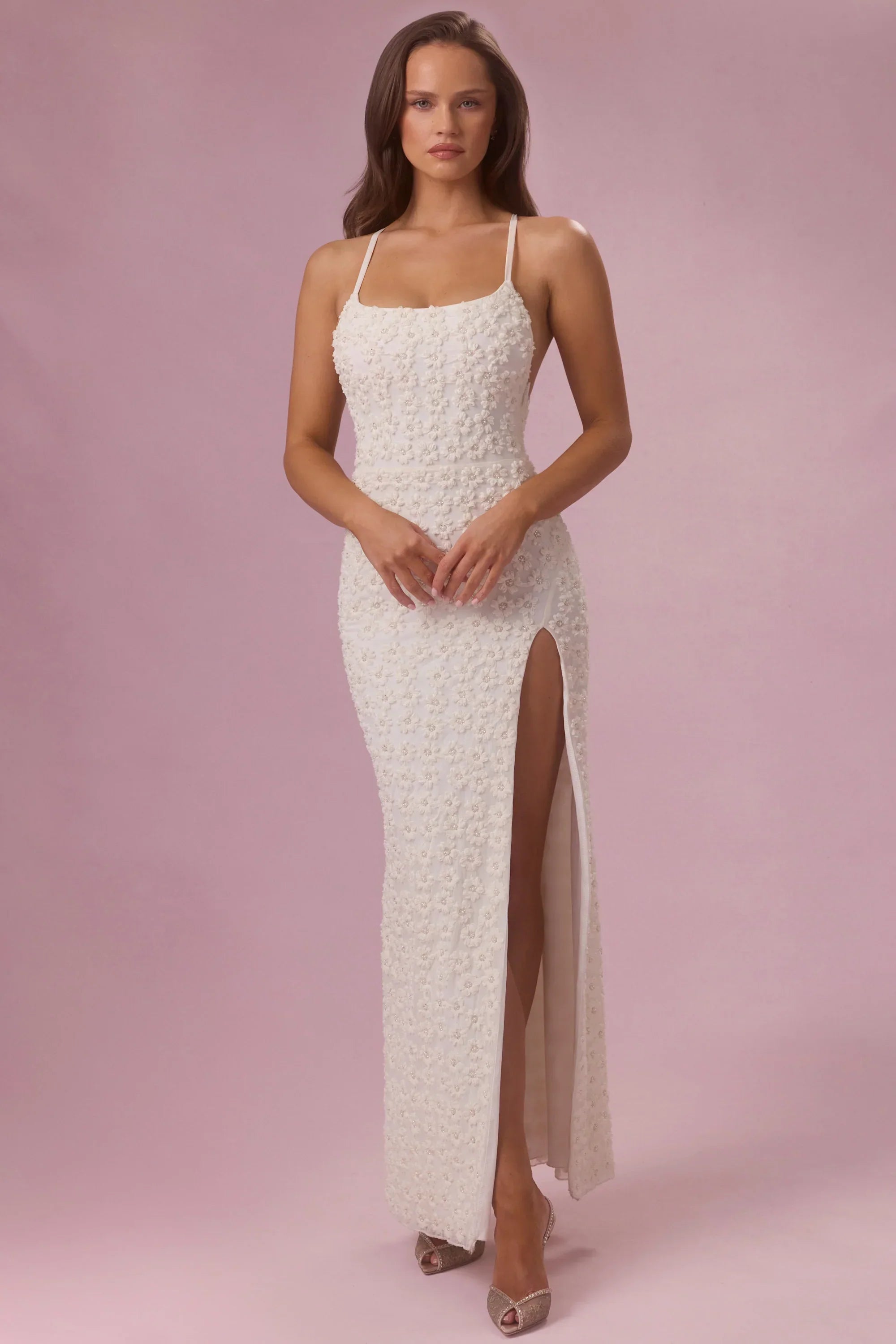 Embellished Square Neck Maxi Dress in Pearl