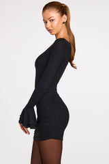 Ribbed Modal Long Sleeve Draped Mini Dress in Black