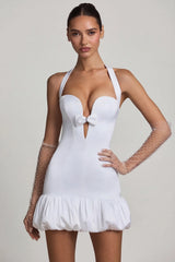 Bow Detail Halterneck Bubble Hem Mini Dress in White
