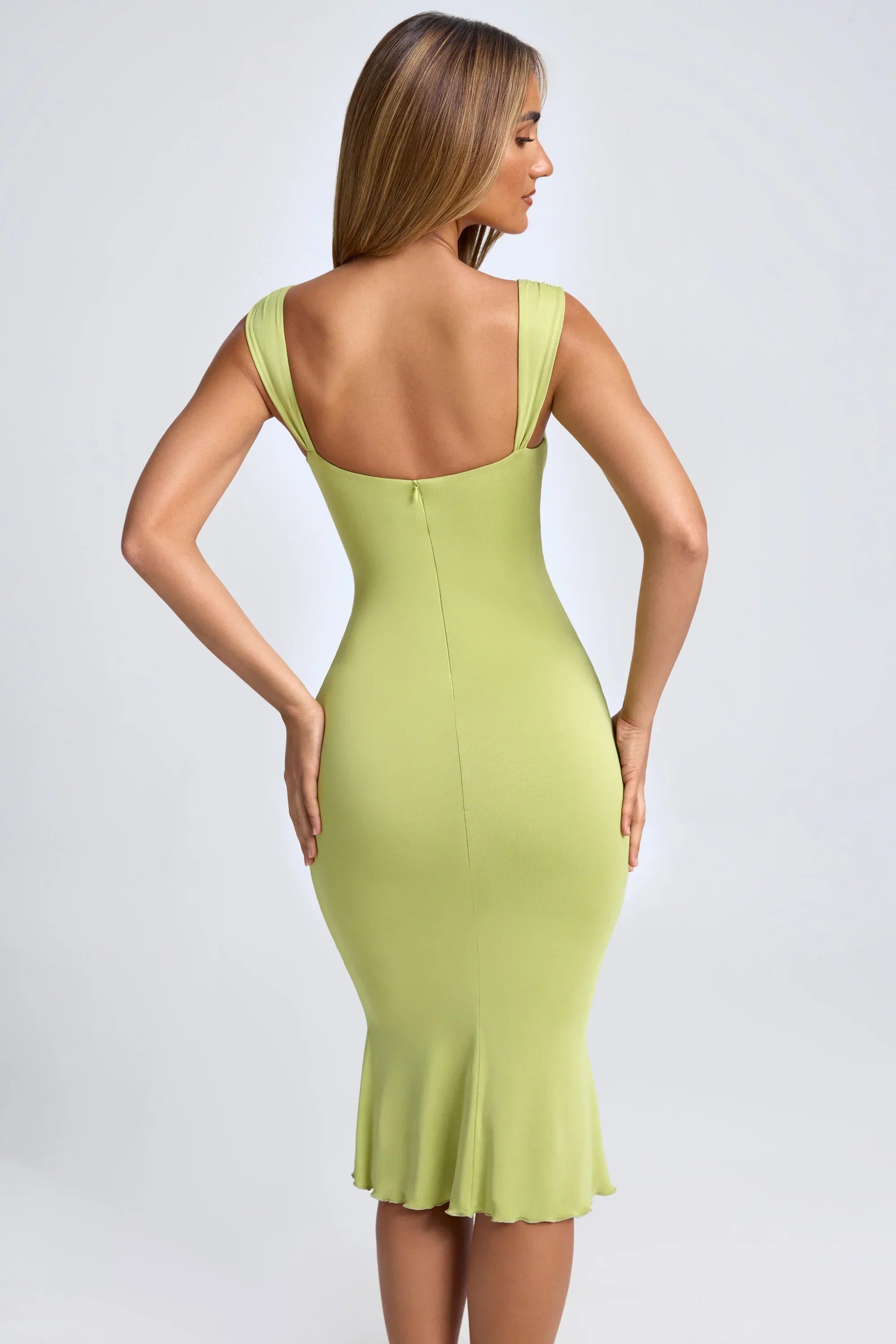 Modal Ruched Hardware Detail Cut Out Midaxi Dress in Olive Green